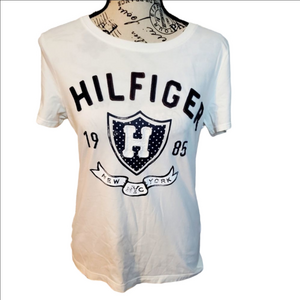 Tommy Hilfiger white navy blue logo short sleeve graphic t-shirt size medium
